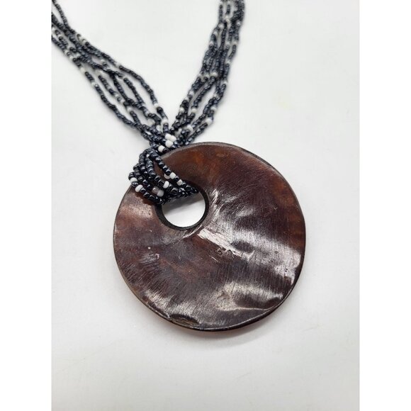 Boho Multi Strand Seed Bead Necklace w/Circle Disc Wood Pendant - Picture 4 of 10